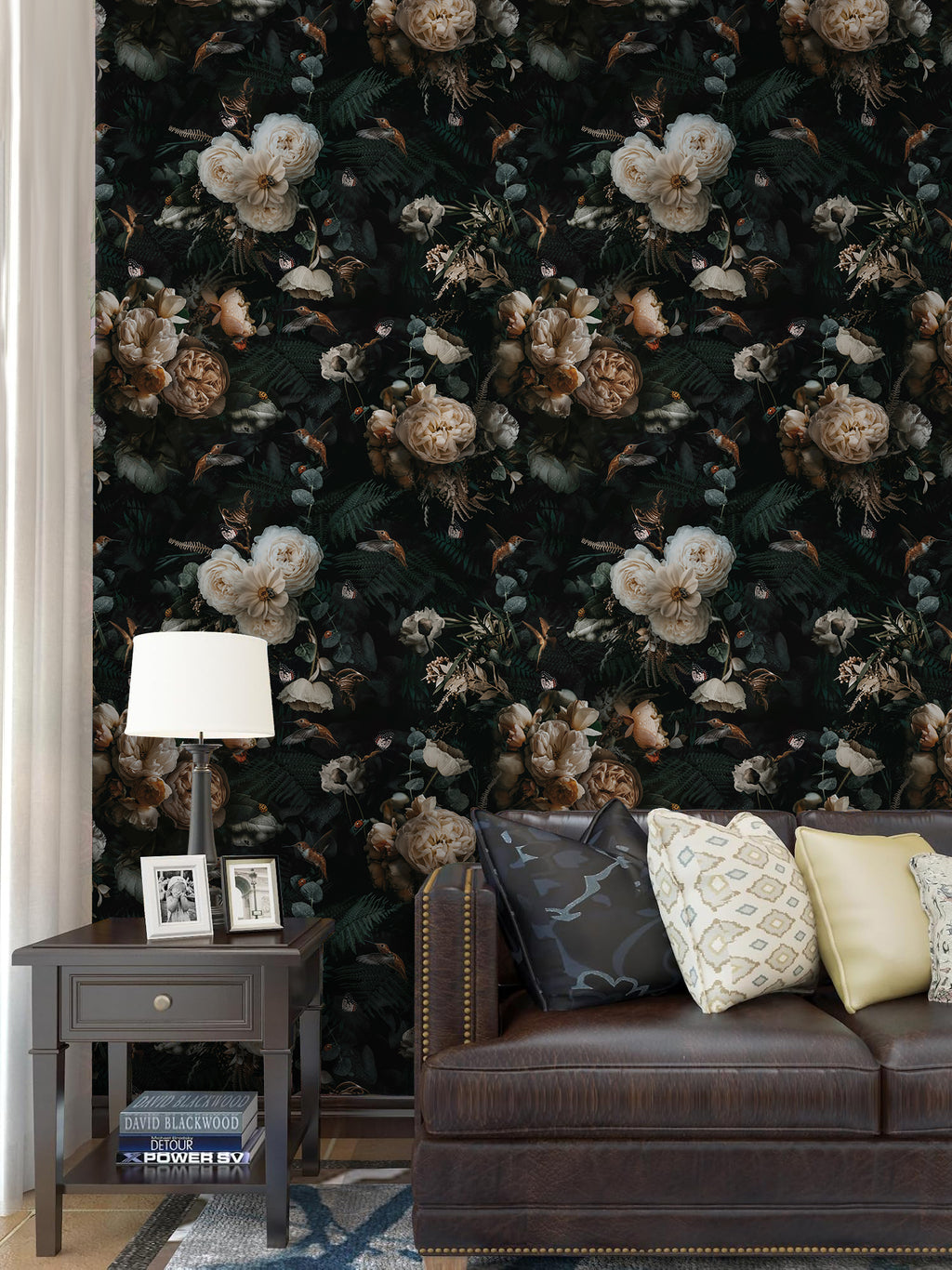 Floralplus Peel and Stick Wallpaper Removable Dark Floral Wallpaper Renter Friendly Wallpapers for Bedroom Accent Wall Black Floral Contact Paper Flower Wall Mural