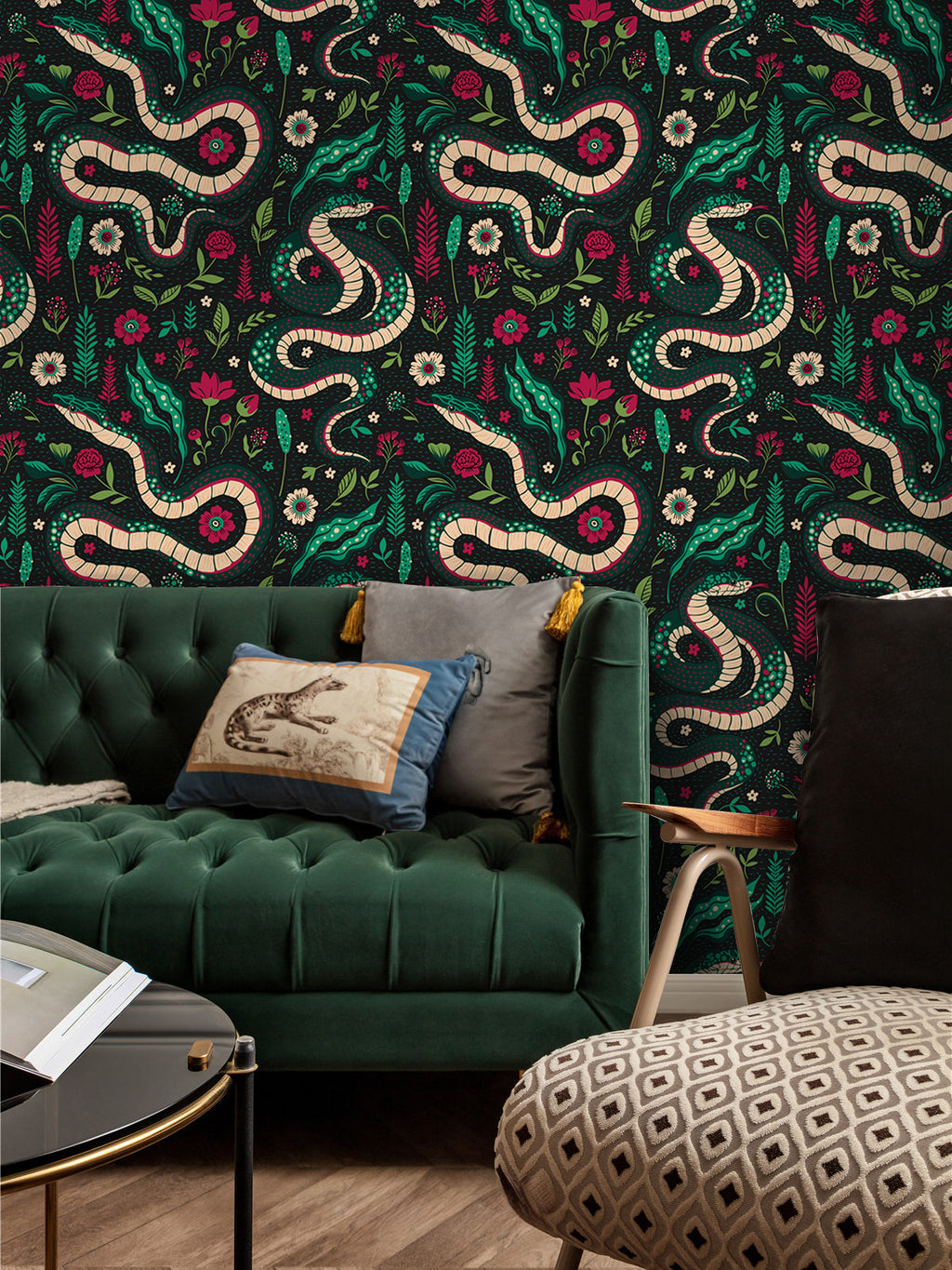 Floralplus Peel and Stick Wallpaper Snake Floral Dark Green Boho Jungle Removable Wall Decor for Bedroom Living Room Bathroom Nursery