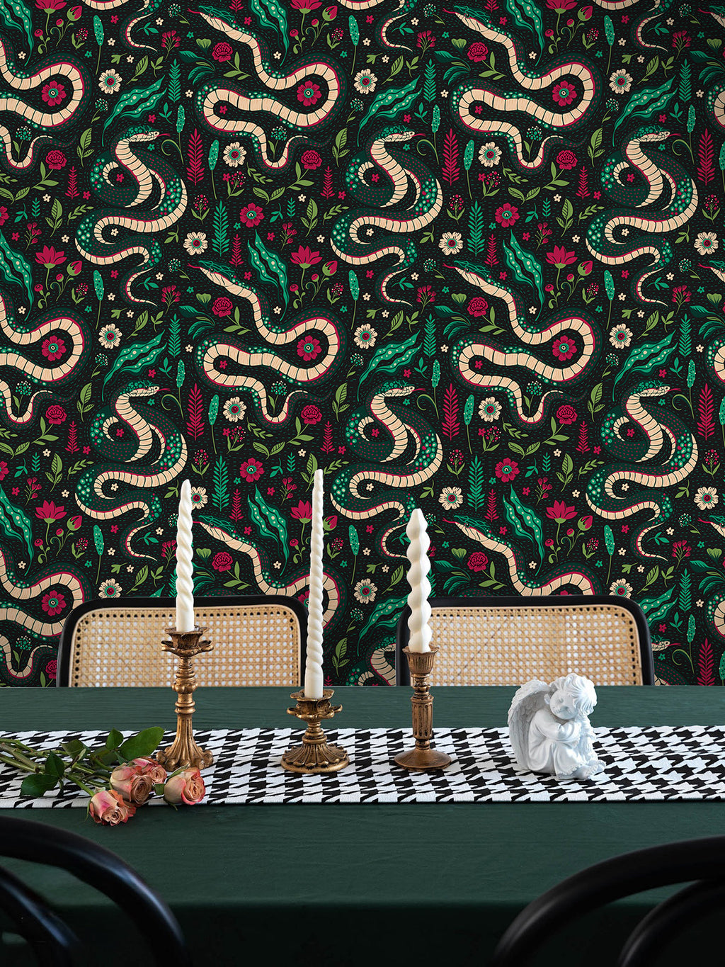 Floralplus Peel and Stick Wallpaper Snake Floral Dark Green Boho Jungle Removable Wall Decor for Bedroom Living Room Bathroom Nursery