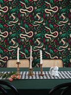 Floralplus Peel and Stick Wallpaper Snake Floral Dark Green Boho Jungle Removable Wall Decor for Bedroom Living Room Bathroom Nursery