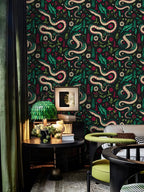 Floralplus Peel and Stick Wallpaper Snake Floral Dark Green Boho Jungle Removable Wall Decor for Bedroom Living Room Bathroom Nursery
