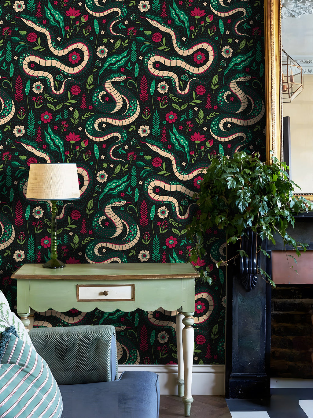 Floralplus Peel and Stick Wallpaper Snake Floral Dark Green Boho Jungle Removable Wall Decor for Bedroom Living Room Bathroom Nursery