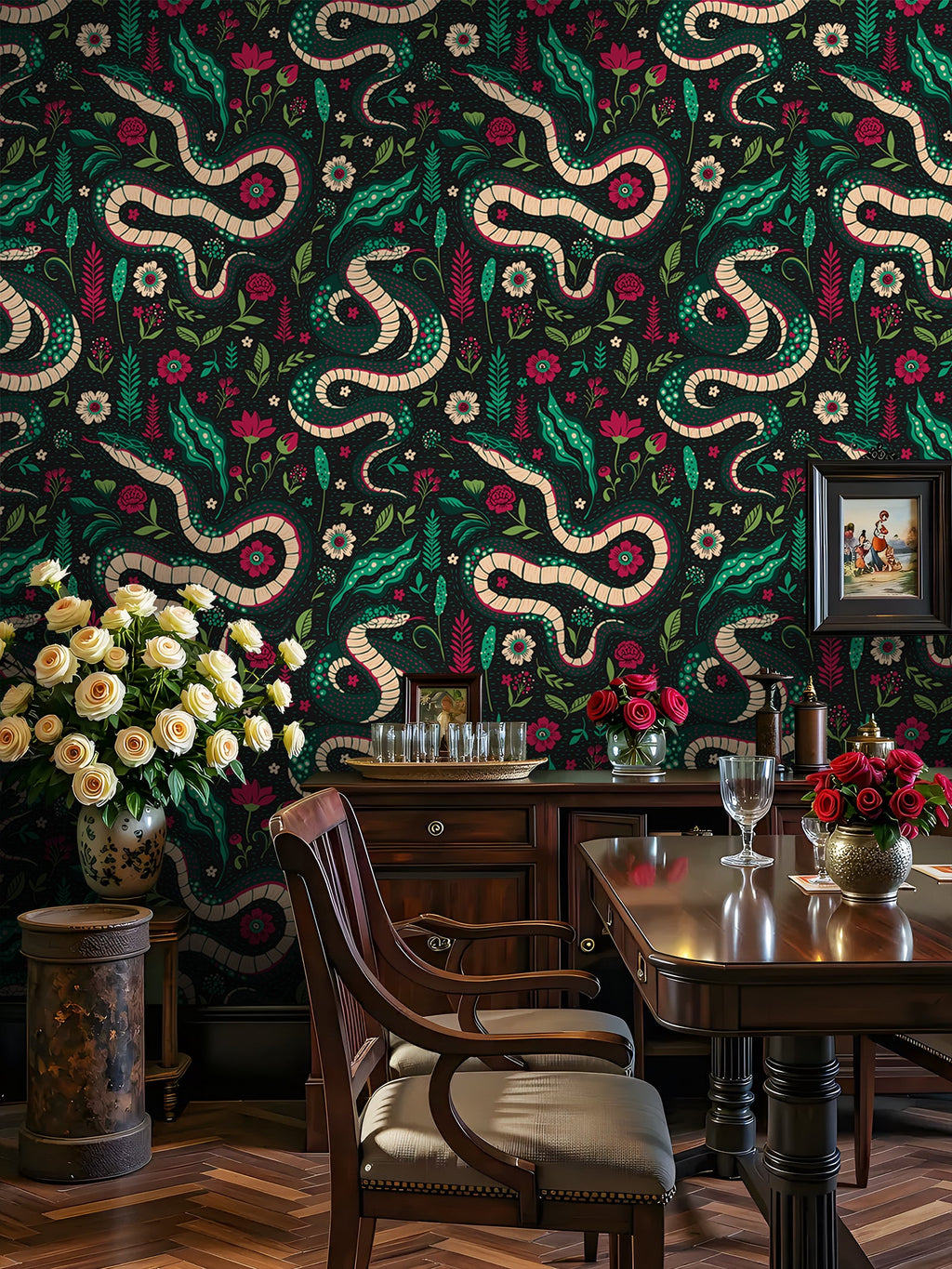 Floralplus Peel and Stick Wallpaper Snake Floral Dark Green Boho Jungle Removable Wall Decor for Bedroom Living Room Bathroom Nursery