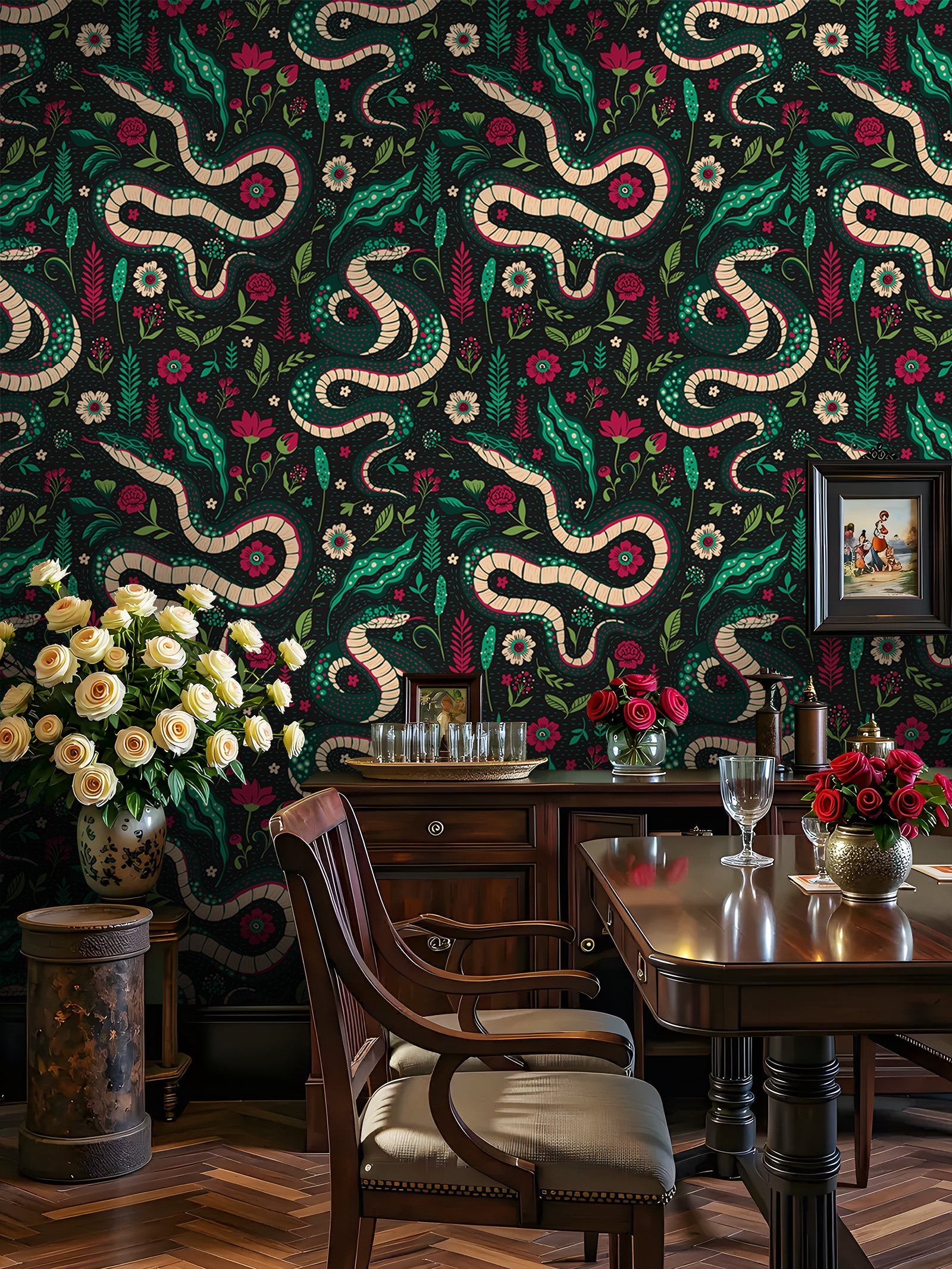 Floralplus Peel and Stick Wallpaper Snake Floral Dark Green Boho Jungle Removable Wall Decor for Bedroom Living Room Bathroom Nursery