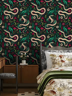 Floralplus Peel and Stick Wallpaper Snake Floral Dark Green Boho Jungle Removable Wall Decor for Bedroom Living Room Bathroom Nursery