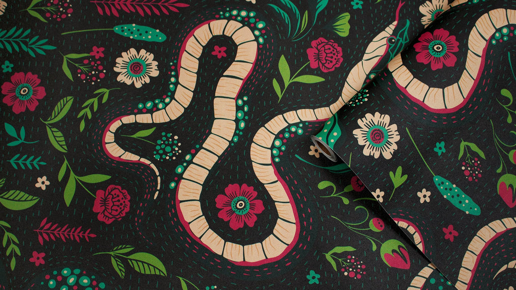 Floralplus Peel and Stick Wallpaper Snake Floral Dark Green Boho Jungle Removable Wall Decor for Bedroom Living Room Bathroom Nursery