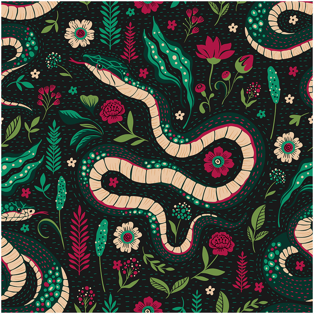 Floralplus Peel and Stick Wallpaper Snake Floral Dark Green Boho Jungle Removable Wall Decor for Bedroom Living Room Bathroom Nursery