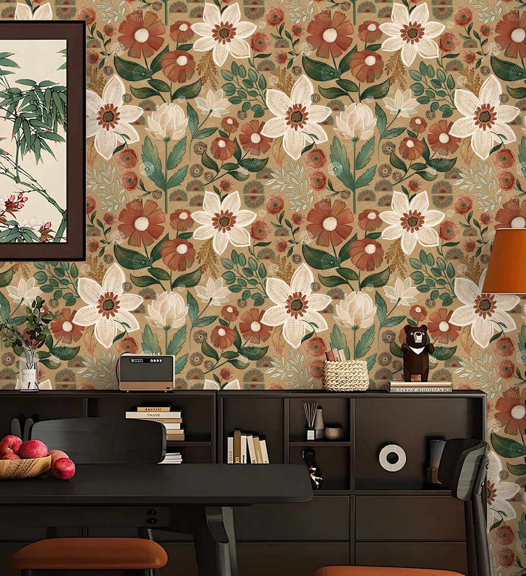 Floralplus Peel and Stick Wallpaper Tan Vintage Floral Cream Rust Green Botanical Boho Removable Self Adhesive Wall Mural for Bedroom Living Room