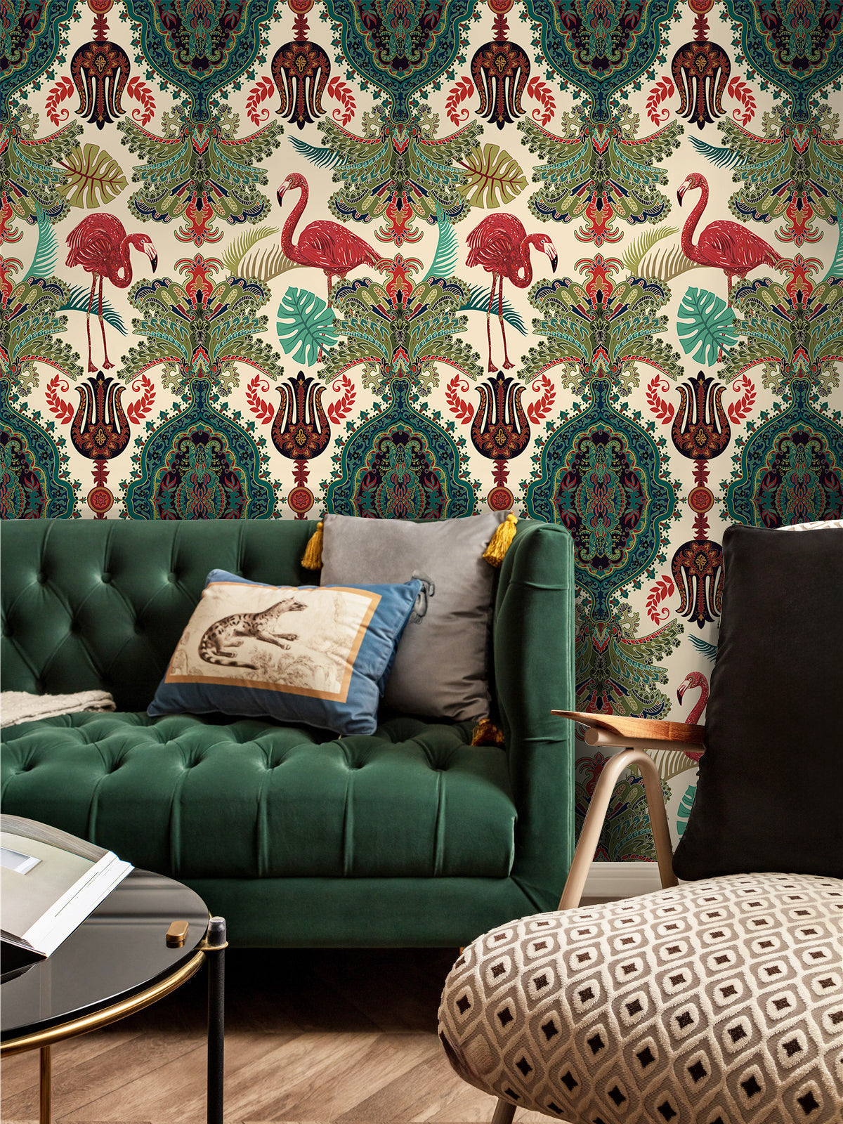 Floralplus Peel and Stick Wallpaper Tropical Flamingo Boho Damask Green Beige Removable Jungle Wall Decor for Bedroom Bathroom Living Room
