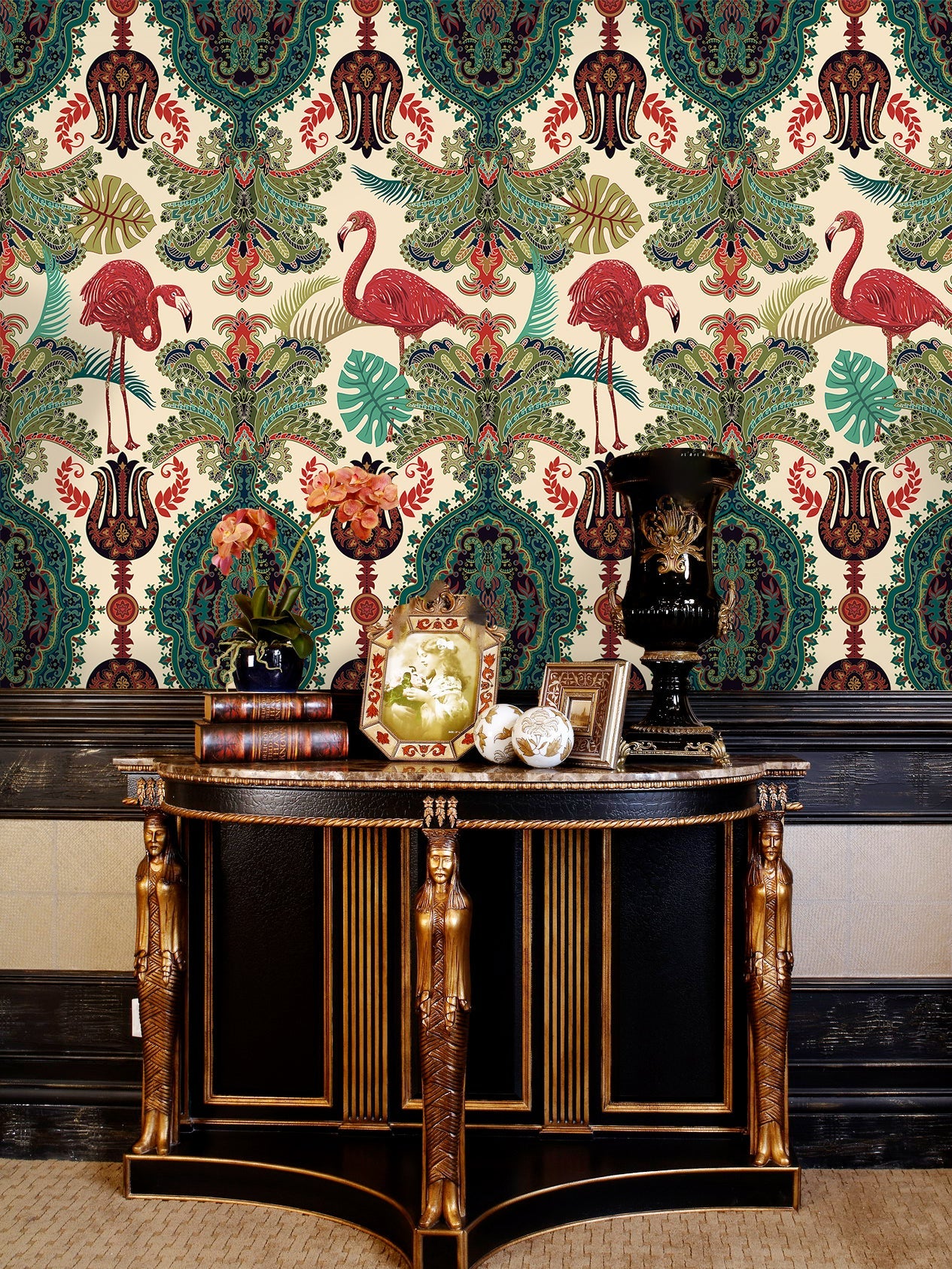 Floralplus Peel and Stick Wallpaper Tropical Flamingo Boho Damask Green Beige Removable Jungle Wall Decor for Bedroom Bathroom Living Room