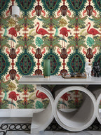 Floralplus Peel and Stick Wallpaper Tropical Flamingo Boho Damask Green Beige Removable Jungle Wall Decor for Bedroom Bathroom Living Room