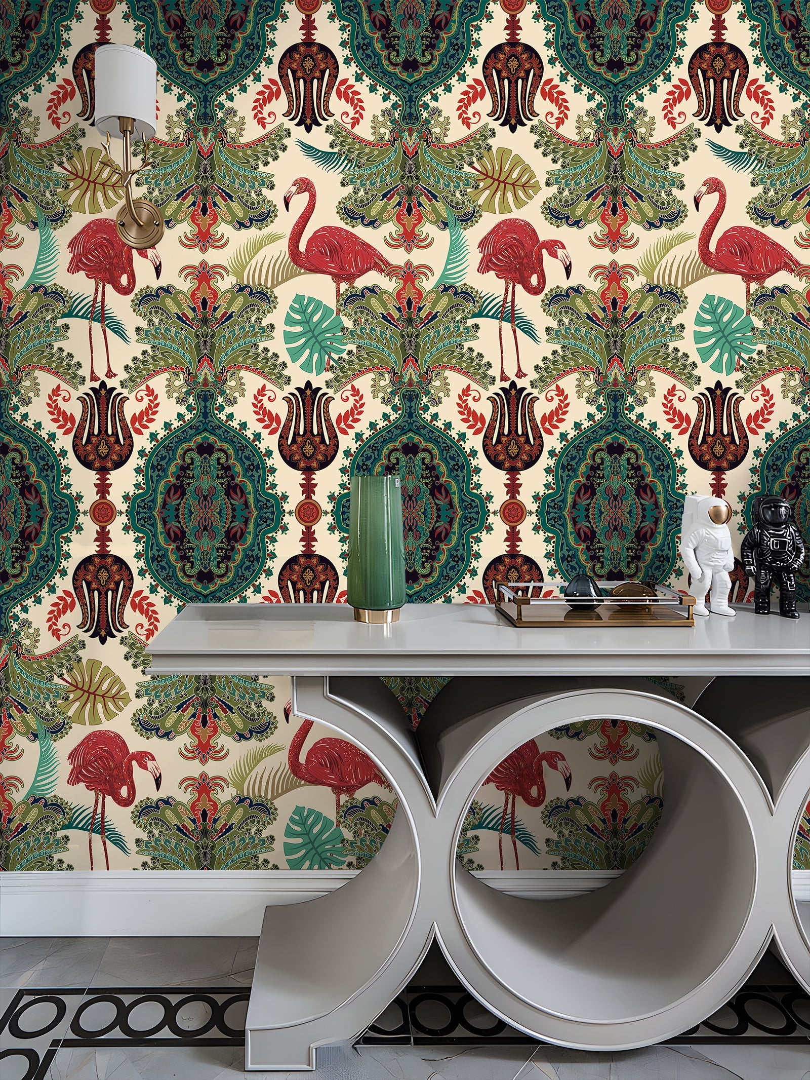 Floralplus Peel and Stick Wallpaper Tropical Flamingo Boho Damask Green Beige Removable Jungle Wall Decor for Bedroom Bathroom Living Room