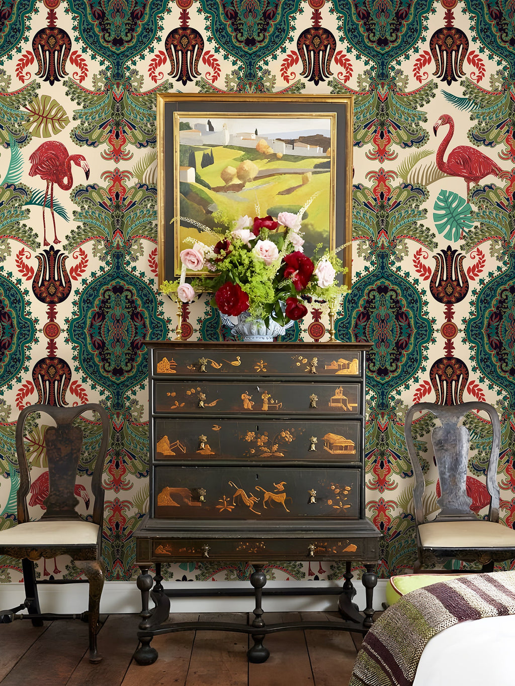 Floralplus Peel and Stick Wallpaper Tropical Flamingo Boho Damask Green Beige Removable Jungle Wall Decor for Bedroom Bathroom Living Room