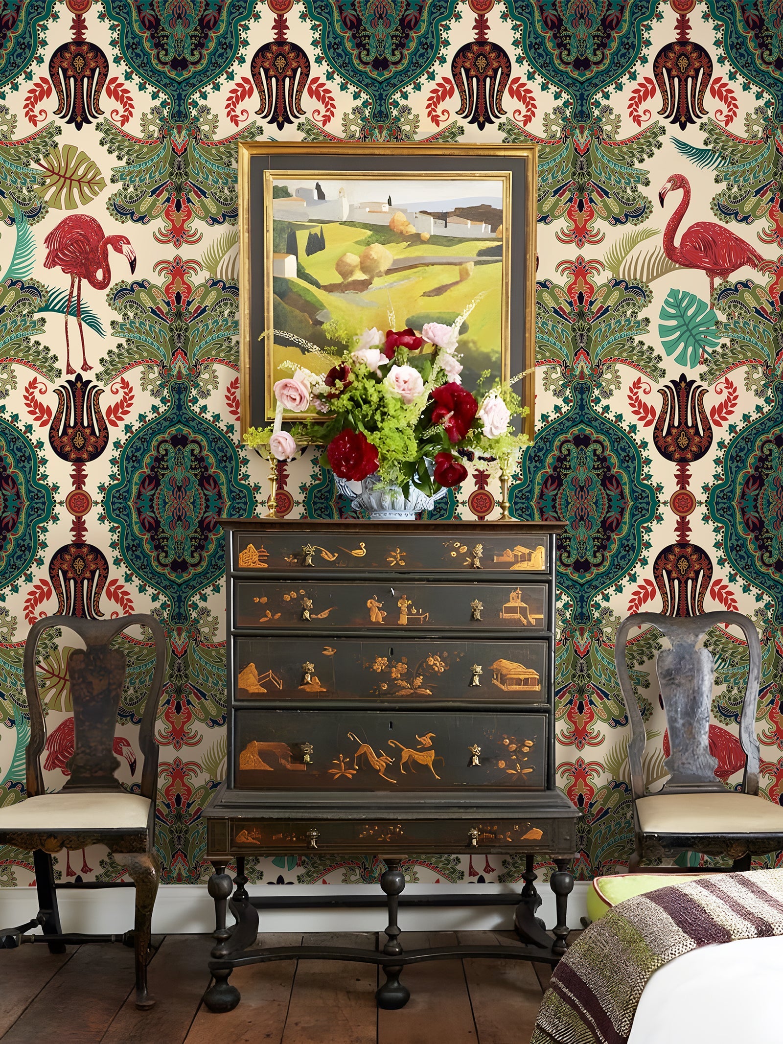 Floralplus Peel and Stick Wallpaper Tropical Flamingo Boho Damask Green Beige Removable Jungle Wall Decor for Bedroom Bathroom Living Room