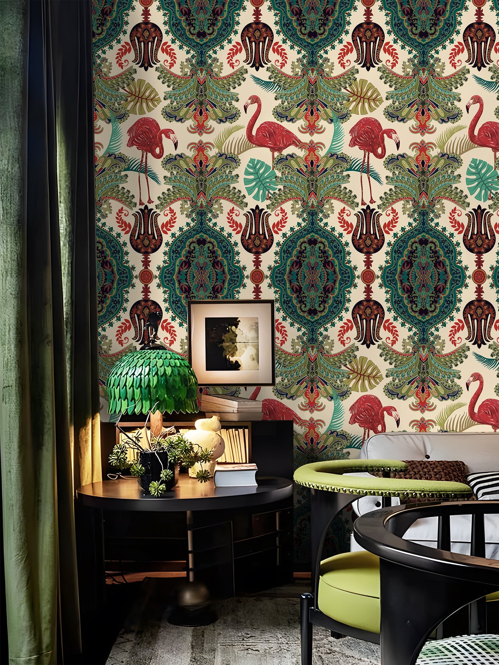 Floralplus Peel and Stick Wallpaper Tropical Flamingo Boho Damask Green Beige Removable Jungle Wall Decor for Bedroom Bathroom Living Room
