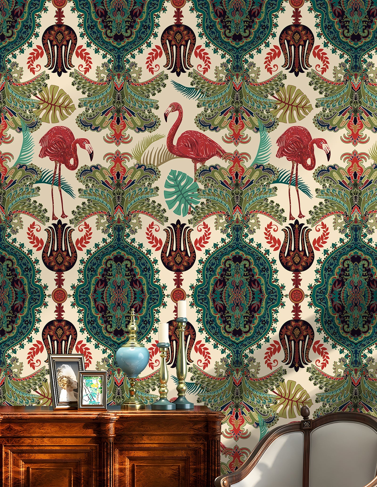 Floralplus Peel and Stick Wallpaper Tropical Flamingo Boho Damask Green Beige Removable Jungle Wall Decor for Bedroom Bathroom Living Room