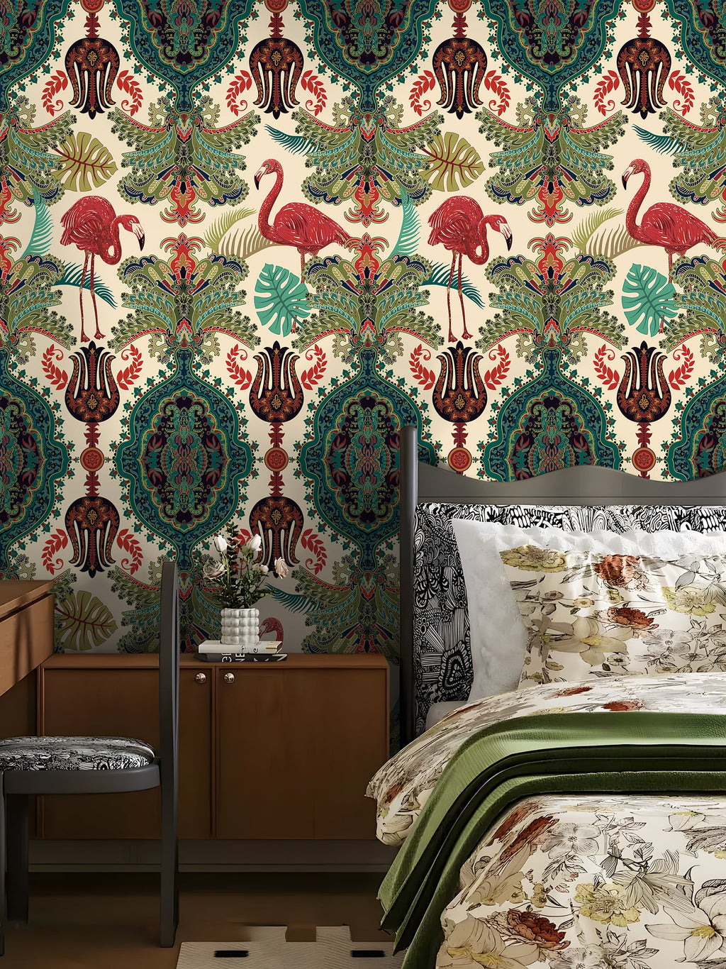Floralplus Peel and Stick Wallpaper Tropical Flamingo Boho Damask Green Beige Removable Jungle Wall Decor for Bedroom Bathroom Living Room