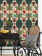 Floralplus Peel and Stick Wallpaper Tropical Flamingo Boho Damask Green Beige Removable Jungle Wall Decor for Bedroom Bathroom Living Room