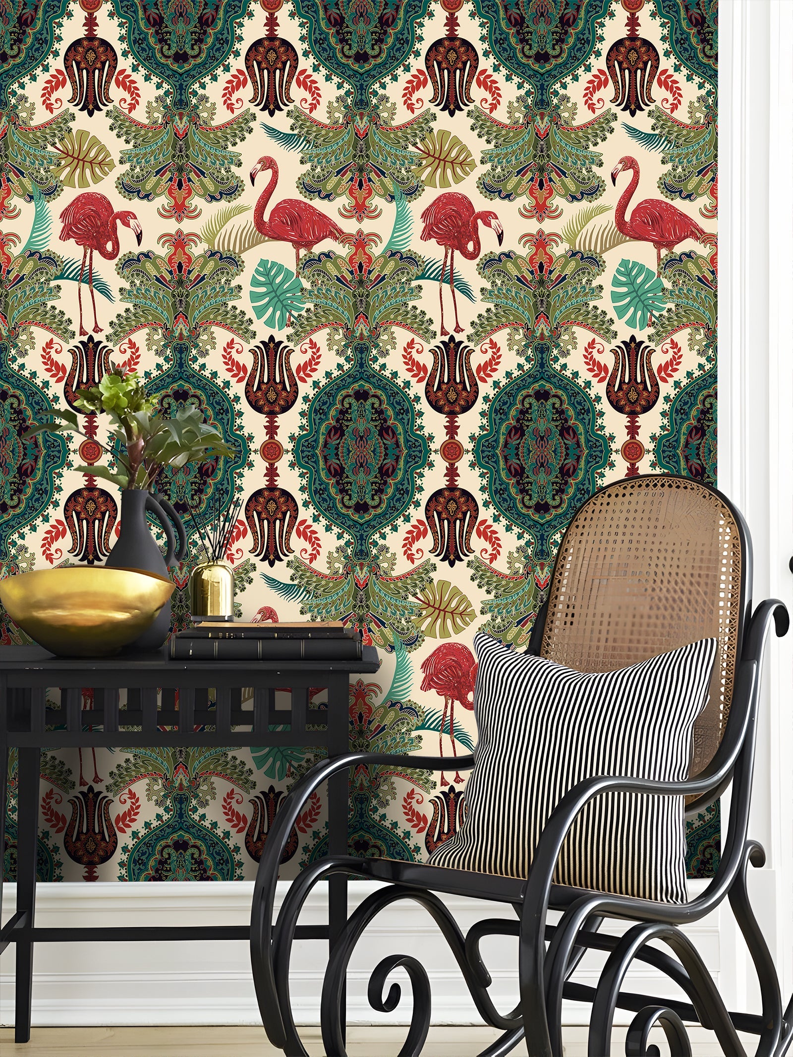 Floralplus Peel and Stick Wallpaper Tropical Flamingo Boho Damask Green Beige Removable Jungle Wall Decor for Bedroom Bathroom Living Room