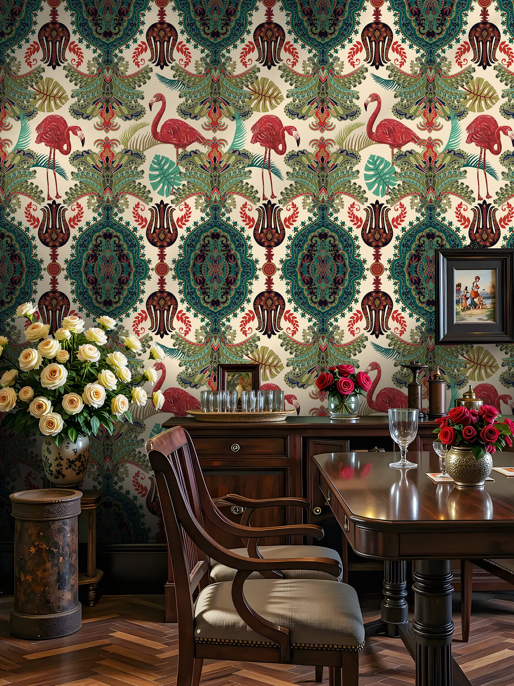 Floralplus Peel and Stick Wallpaper Tropical Flamingo Boho Damask Green Beige Removable Jungle Wall Decor for Bedroom Bathroom Living Room