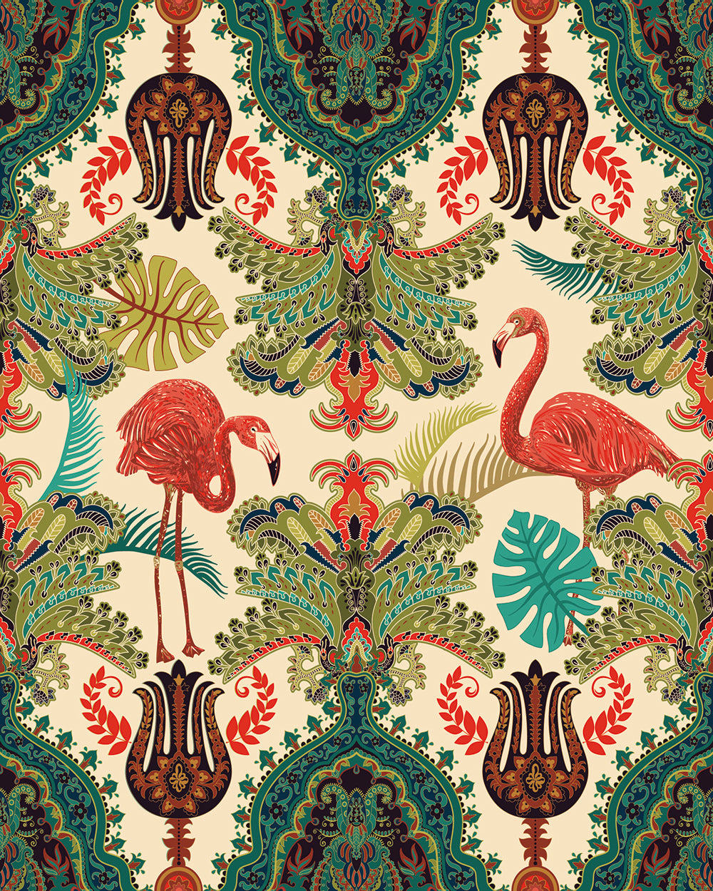 Floralplus Peel and Stick Wallpaper Tropical Flamingo Boho Damask Green Beige Removable Jungle Wall Decor for Bedroom Bathroom Living Room