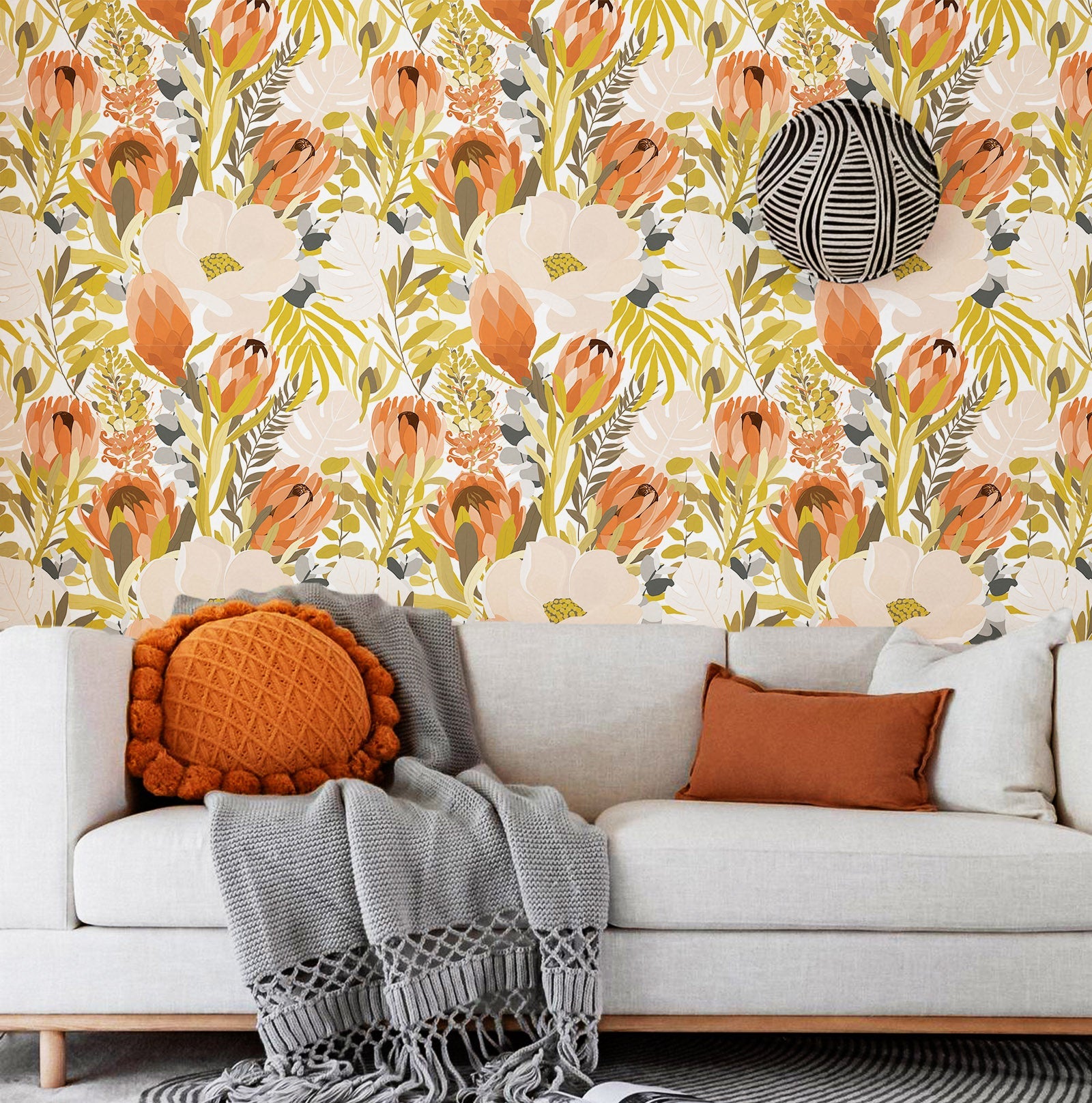 Floralplus Peel and Stick Wallpaper Tropical Protea Floral Removable Wall Mural Boho Botanical for Bedroom Living Room Accent Wall