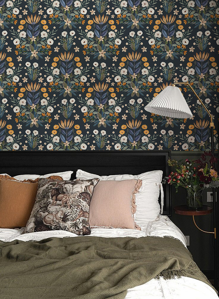 Floralplus Peel and Stick Wallpaper Vintage Floral Navy Botanical Wall Mural Removable for Bedroom Living Room Accent Wall