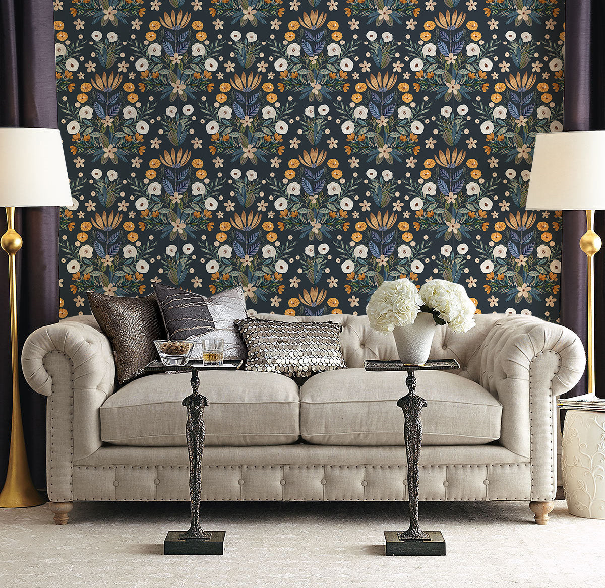 Floralplus Peel and Stick Wallpaper Vintage Floral Navy Botanical Wall Mural Removable for Bedroom Living Room Accent Wall