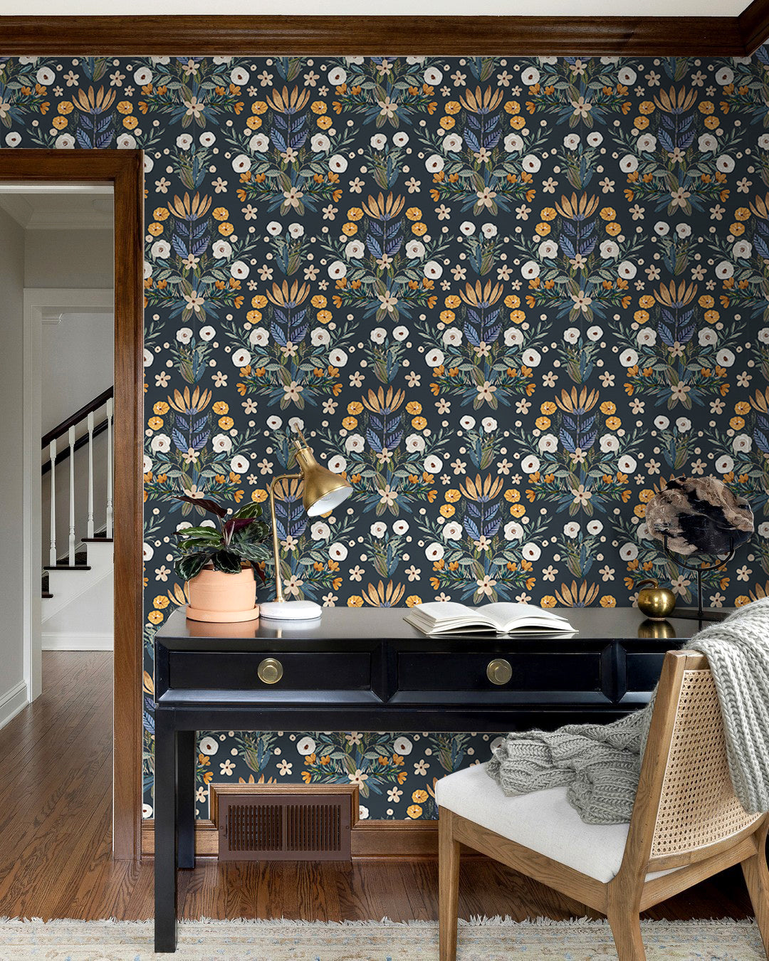 Floralplus Peel and Stick Wallpaper Vintage Floral Navy Botanical Wall Mural Removable for Bedroom Living Room Accent Wall