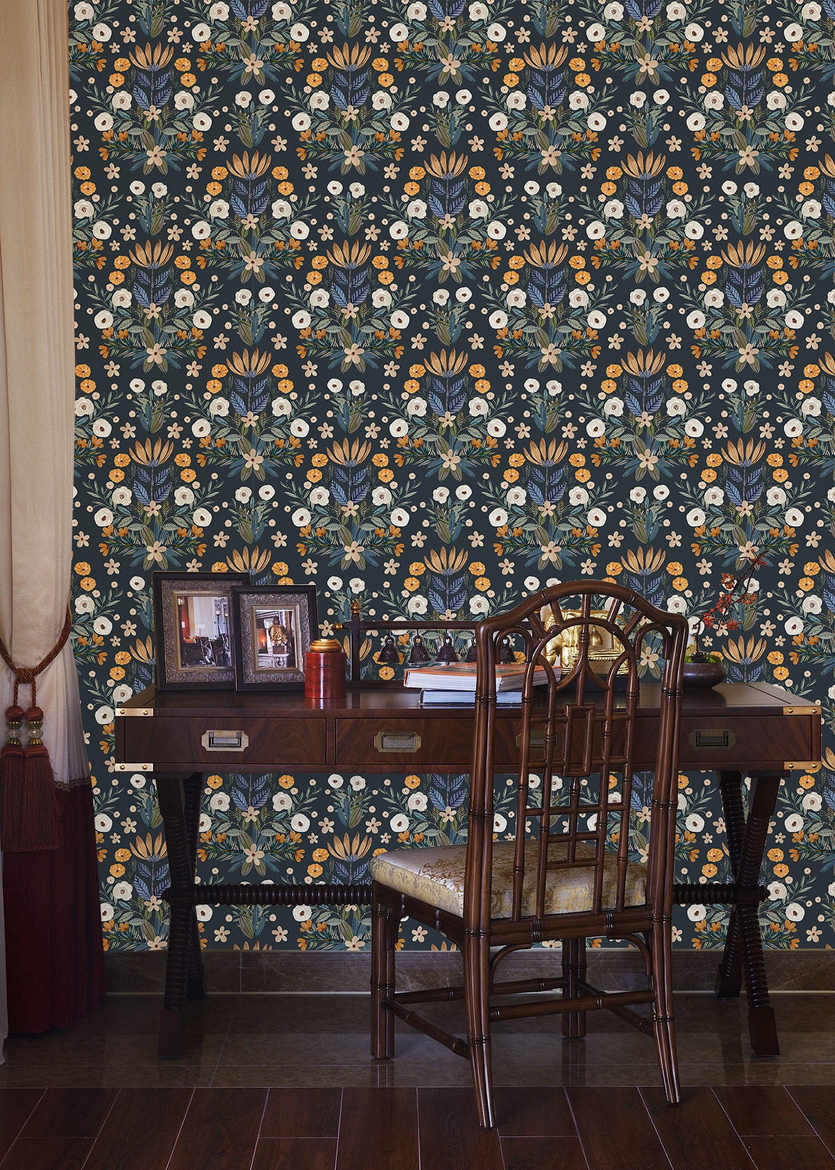 Floralplus Peel and Stick Wallpaper Vintage Floral Navy Botanical Wall Mural Removable for Bedroom Living Room Accent Wall