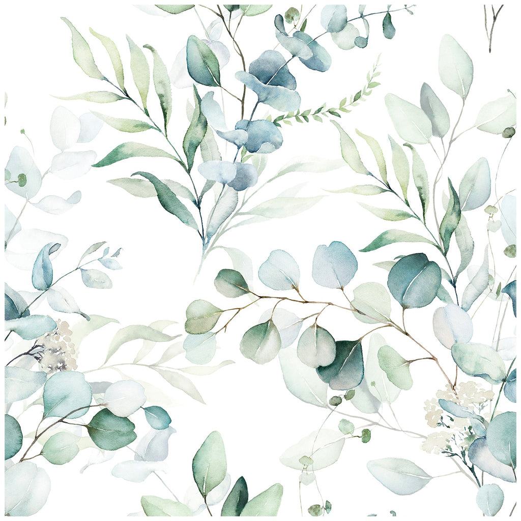 Floralplus Peel and Stick Wallpaper Watercolor Eucalyptus Greenery White Botanical Sage Blue Removable Self Adhesive Wall Mural for Bathroom Bedroom Nursery