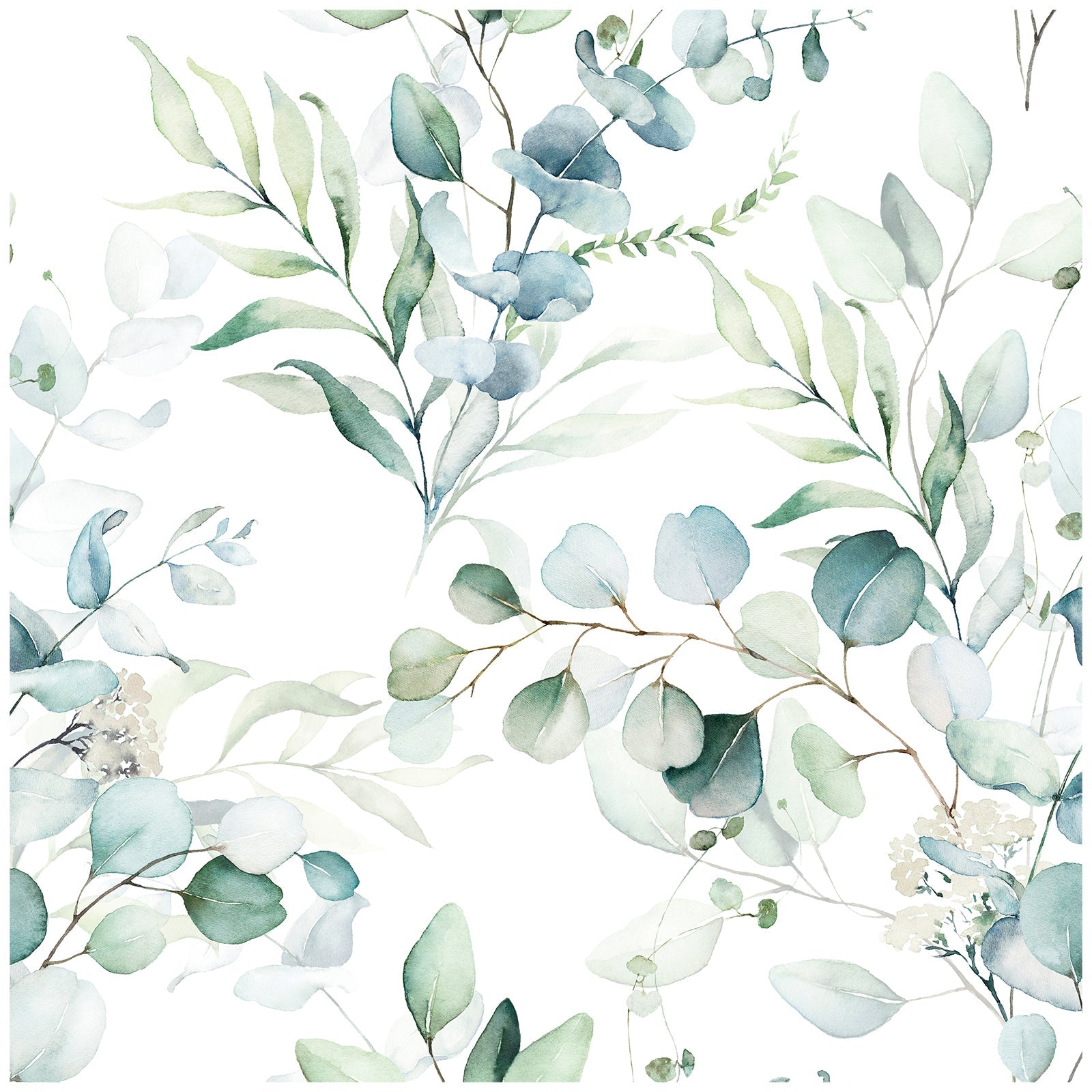 Floralplus Peel and Stick Wallpaper Watercolor Eucalyptus Greenery White Botanical Sage Blue Removable Self Adhesive Wall Mural for Bathroom Bedroom Nursery