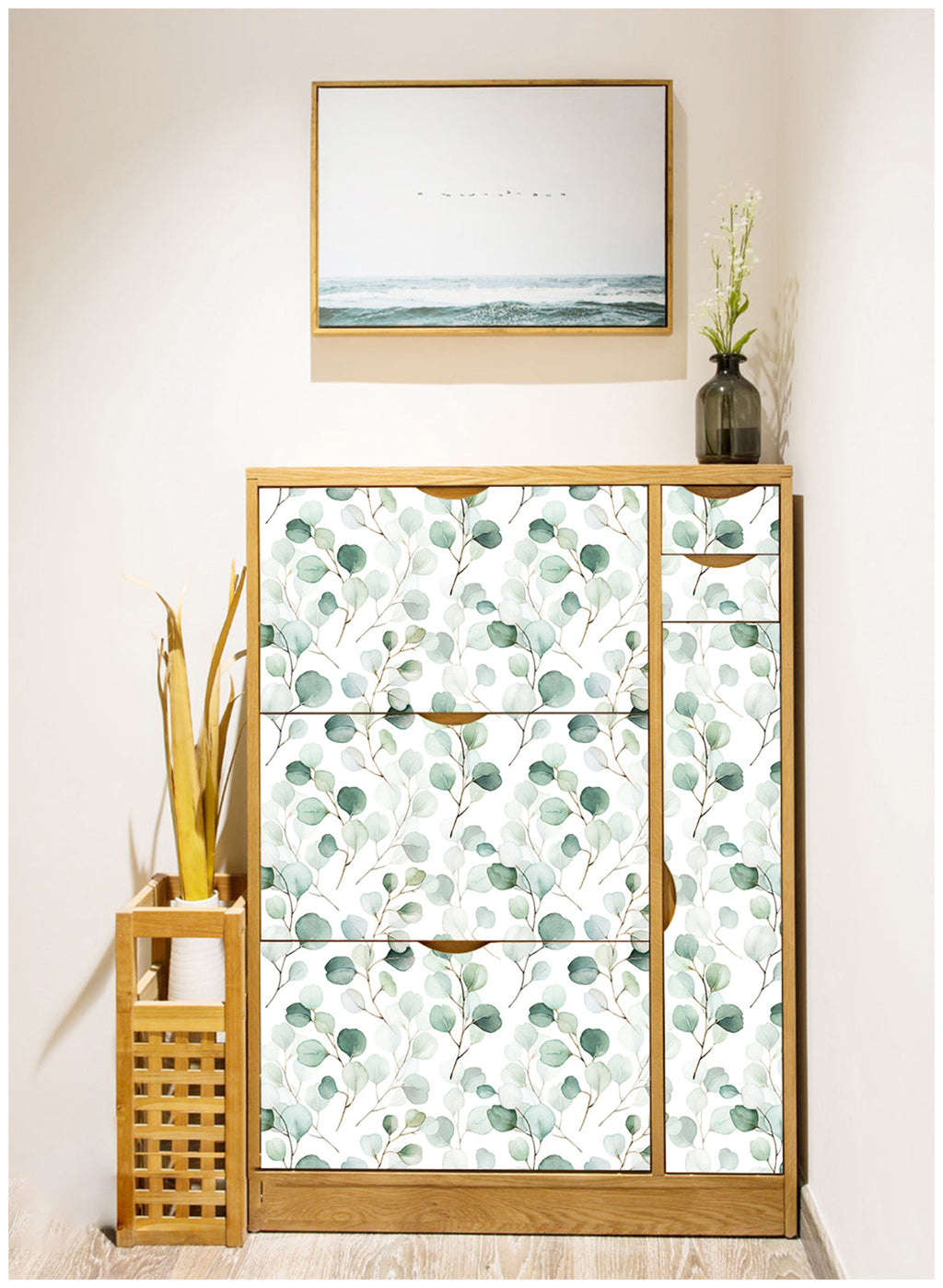 Floralplus Peel and Stick Wallpaper Watercolor Eucalyptus Leaf Sage Green Blue Botanical White Removable Self Adhesive Wall Mural for Bathroom Bedroom Nursery