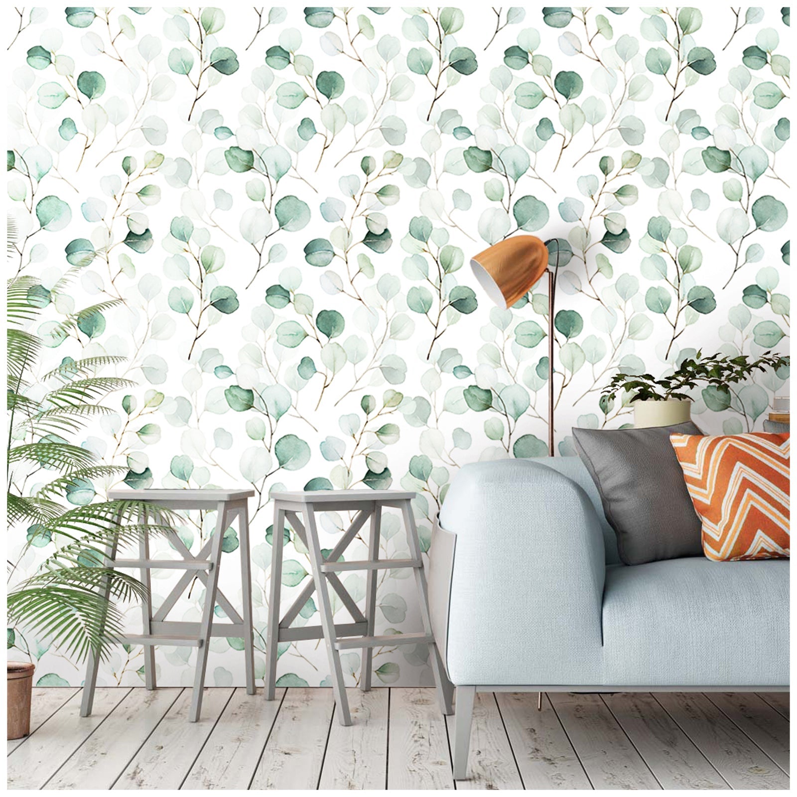 Floralplus Peel and Stick Wallpaper Watercolor Eucalyptus Leaf Sage Green Blue Botanical White Removable Self Adhesive Wall Mural for Bathroom Bedroom Nursery