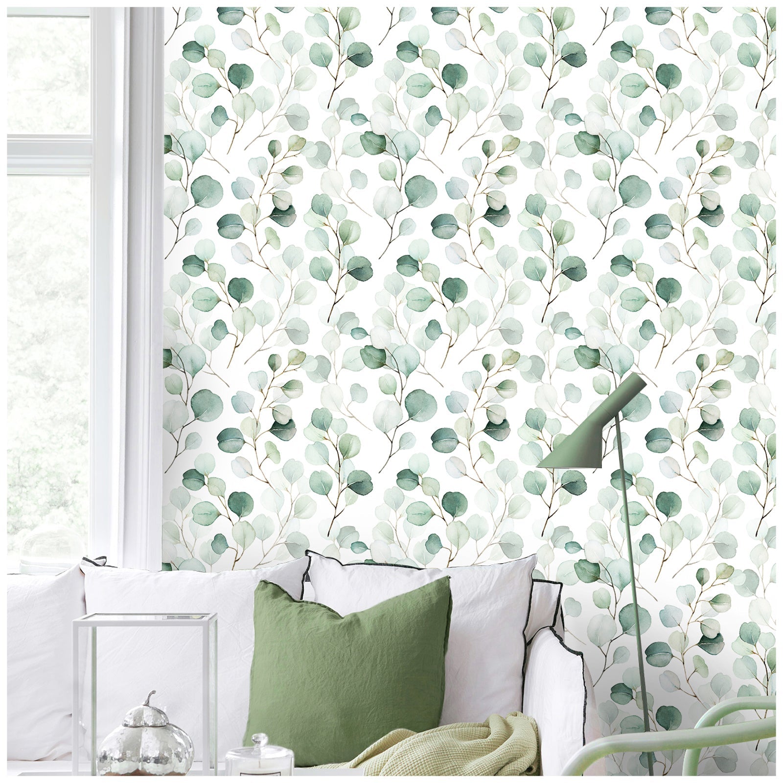 Floralplus Peel and Stick Wallpaper Watercolor Eucalyptus Leaf Sage Green Blue Botanical White Removable Self Adhesive Wall Mural for Bathroom Bedroom Nursery
