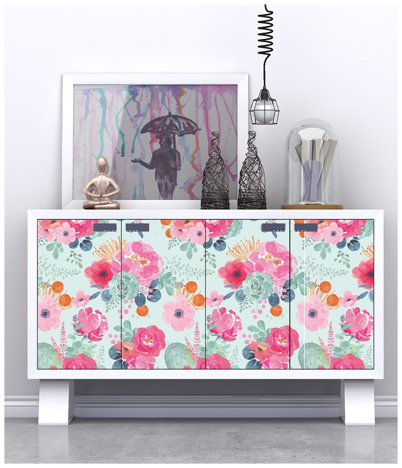 Floralplus Peel and Stick Wallpaper Watercolor Floral Succulent Aqua Background Pink Coral Green Botanical Removable Self Adhesive Wall Mural for Bedroom Living Room Nursery