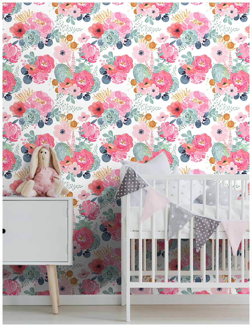Floralplus Peel and Stick Wallpaper Watercolor Floral Succulent Pink Coral Green Botanical White Removable Self Adhesive Wall Mural for Bedroom Living Room Nursery