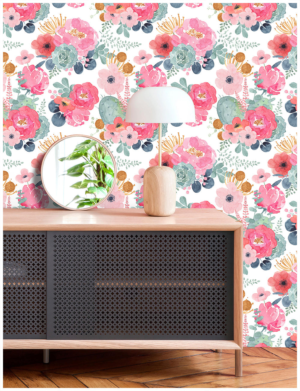 Floralplus Peel and Stick Wallpaper Watercolor Floral Succulent Pink Coral Green Botanical White Removable Self Adhesive Wall Mural for Bedroom Living Room Nursery