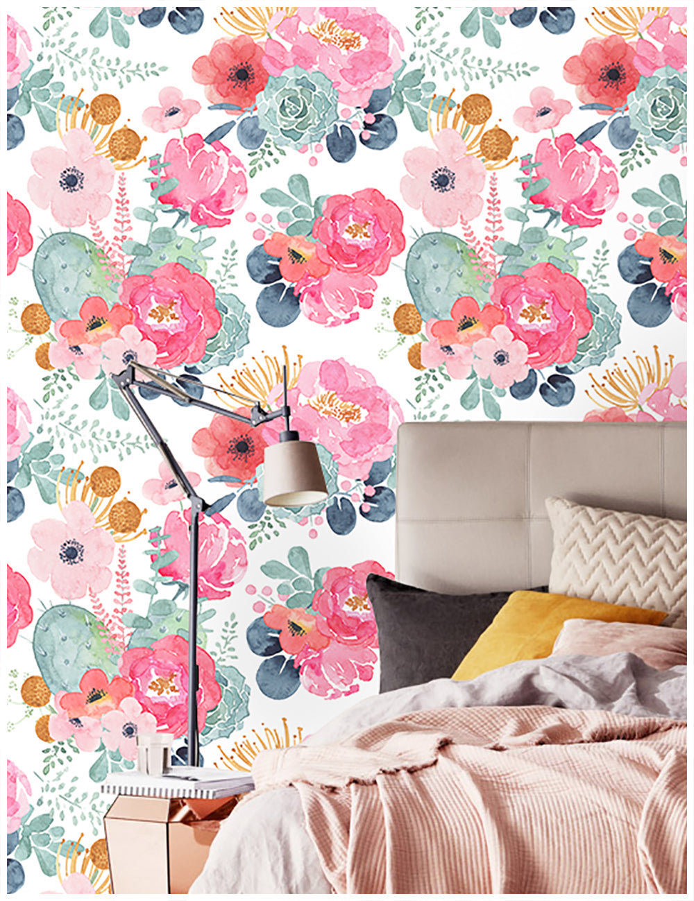 Floralplus Peel and Stick Wallpaper Watercolor Floral Succulent Pink Coral Green Botanical White Removable Self Adhesive Wall Mural for Bedroom Living Room Nursery