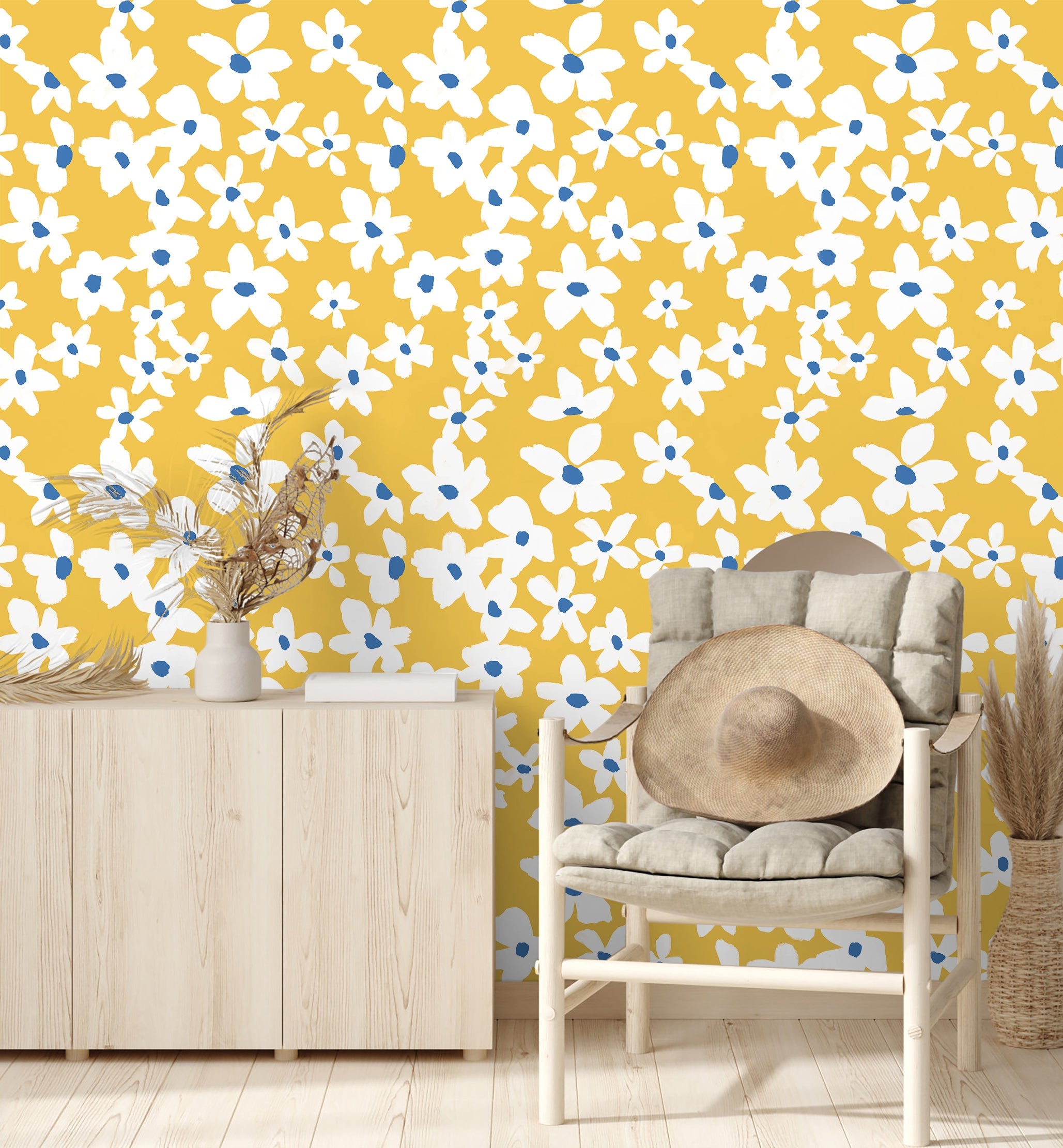 Floralplus Peel and Stick Wallpaper Yellow Background White Daisy Floral Blue Accent Hand Painted Pattern Removable Wall Mural