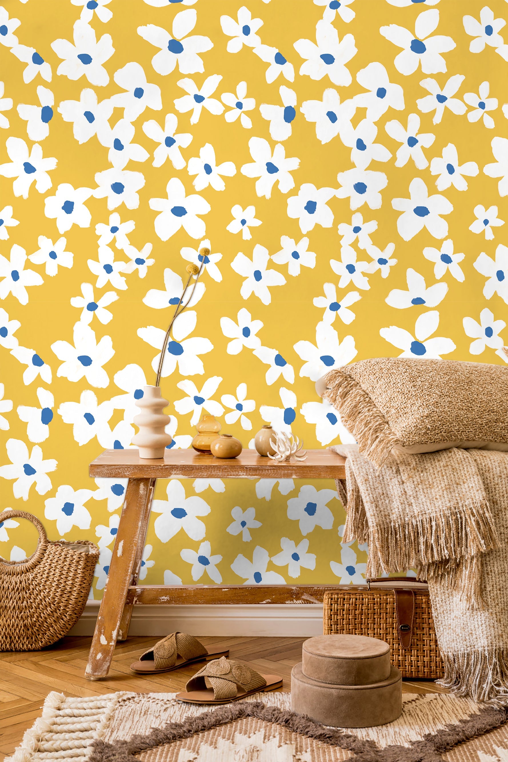 Floralplus Peel and Stick Wallpaper Yellow Background White Daisy Floral Blue Accent Hand Painted Pattern Removable Wall Mural