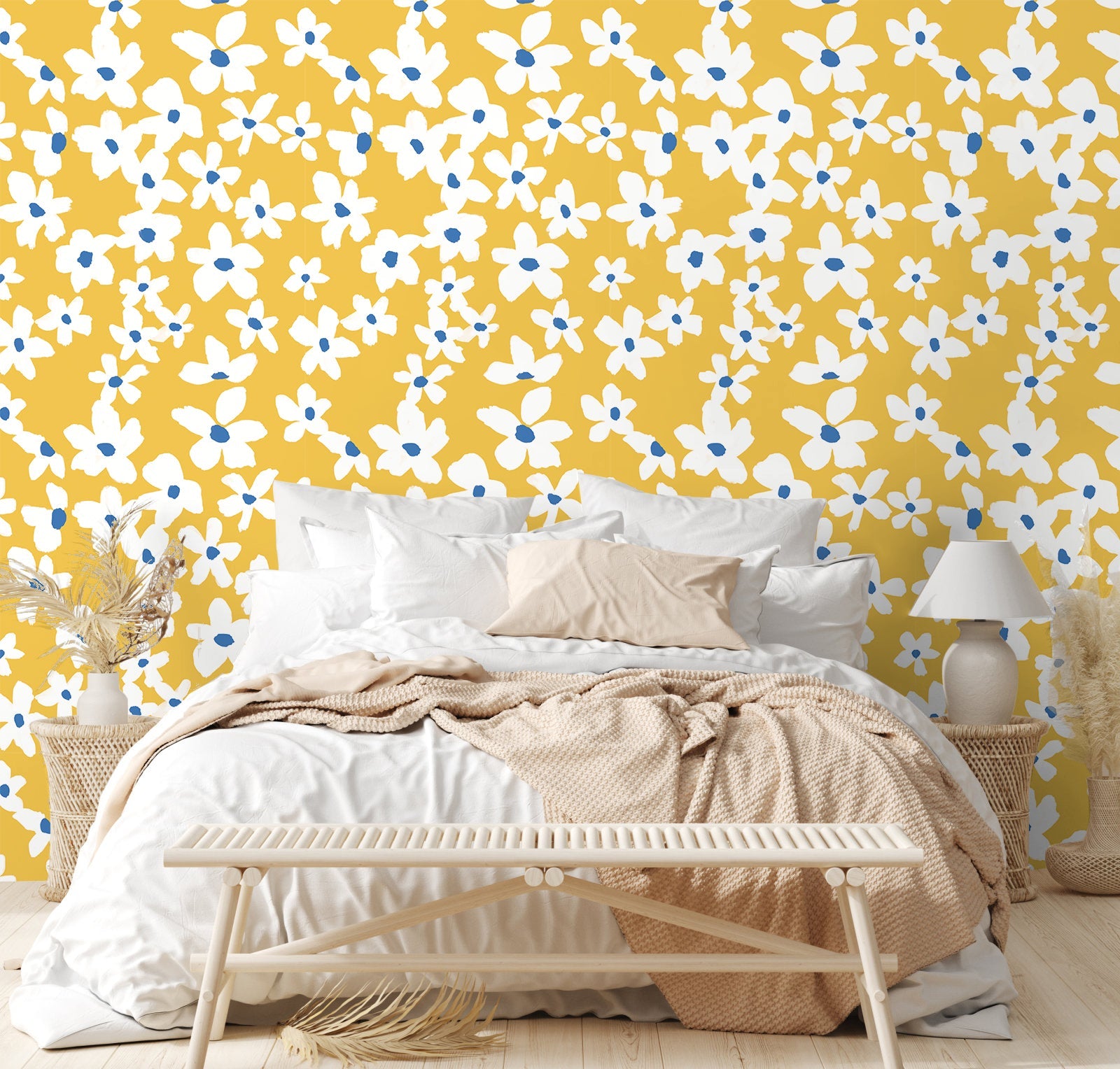 Floralplus Peel and Stick Wallpaper Yellow Background White Daisy Floral Blue Accent Hand Painted Pattern Removable Wall Mural