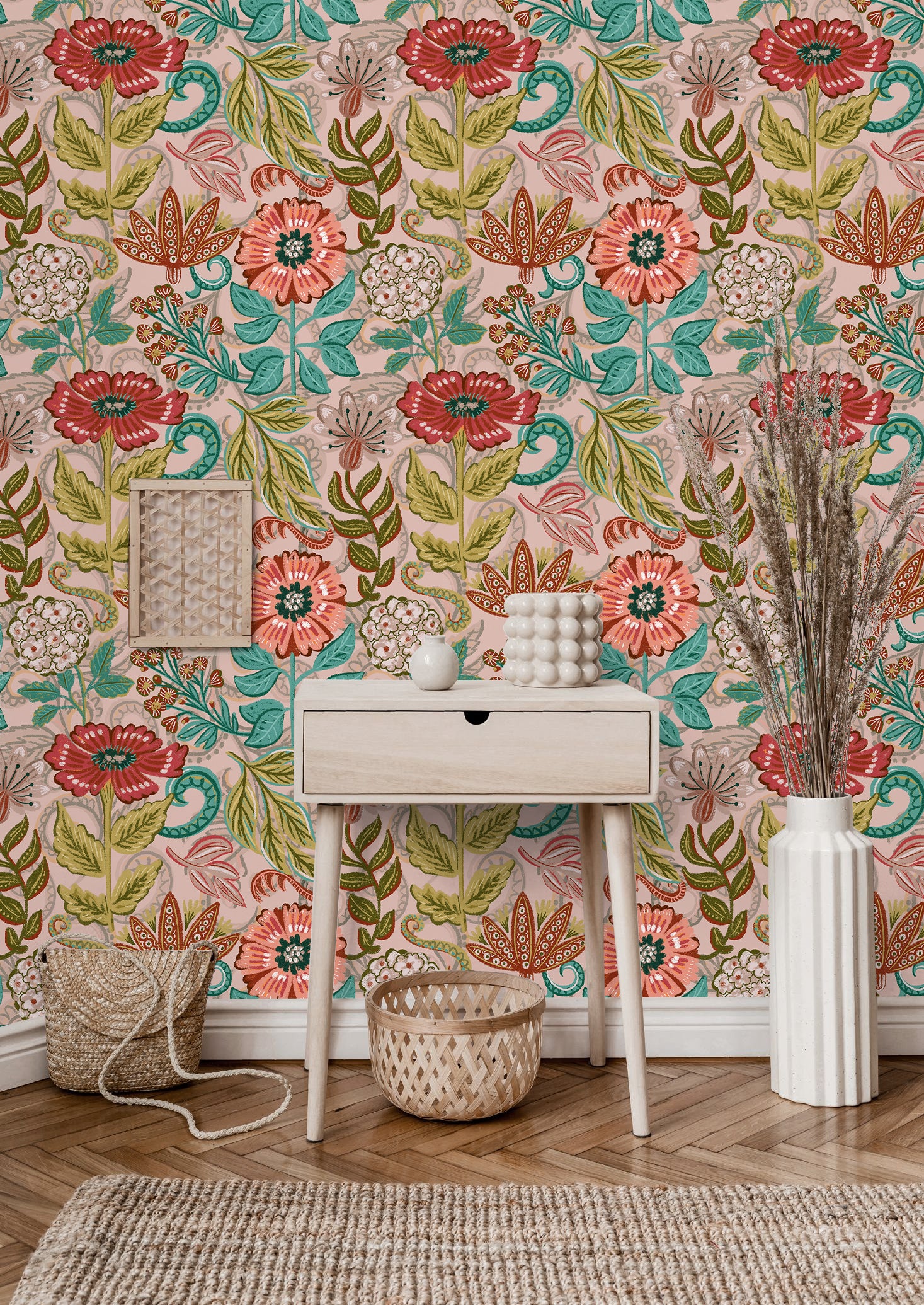 Floralplus Retro Floral Peel and Stick Wallpaper Vintage Botanical Pattern Pink Boho Flower Wall Mural Removable for Bedroom Living Room
