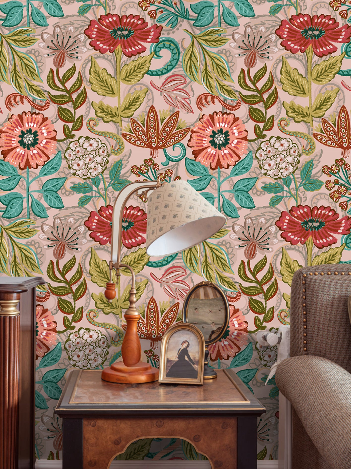 Floralplus Retro Floral Peel and Stick Wallpaper Vintage Botanical Pattern Pink Boho Flower Wall Mural Removable for Bedroom Living Room