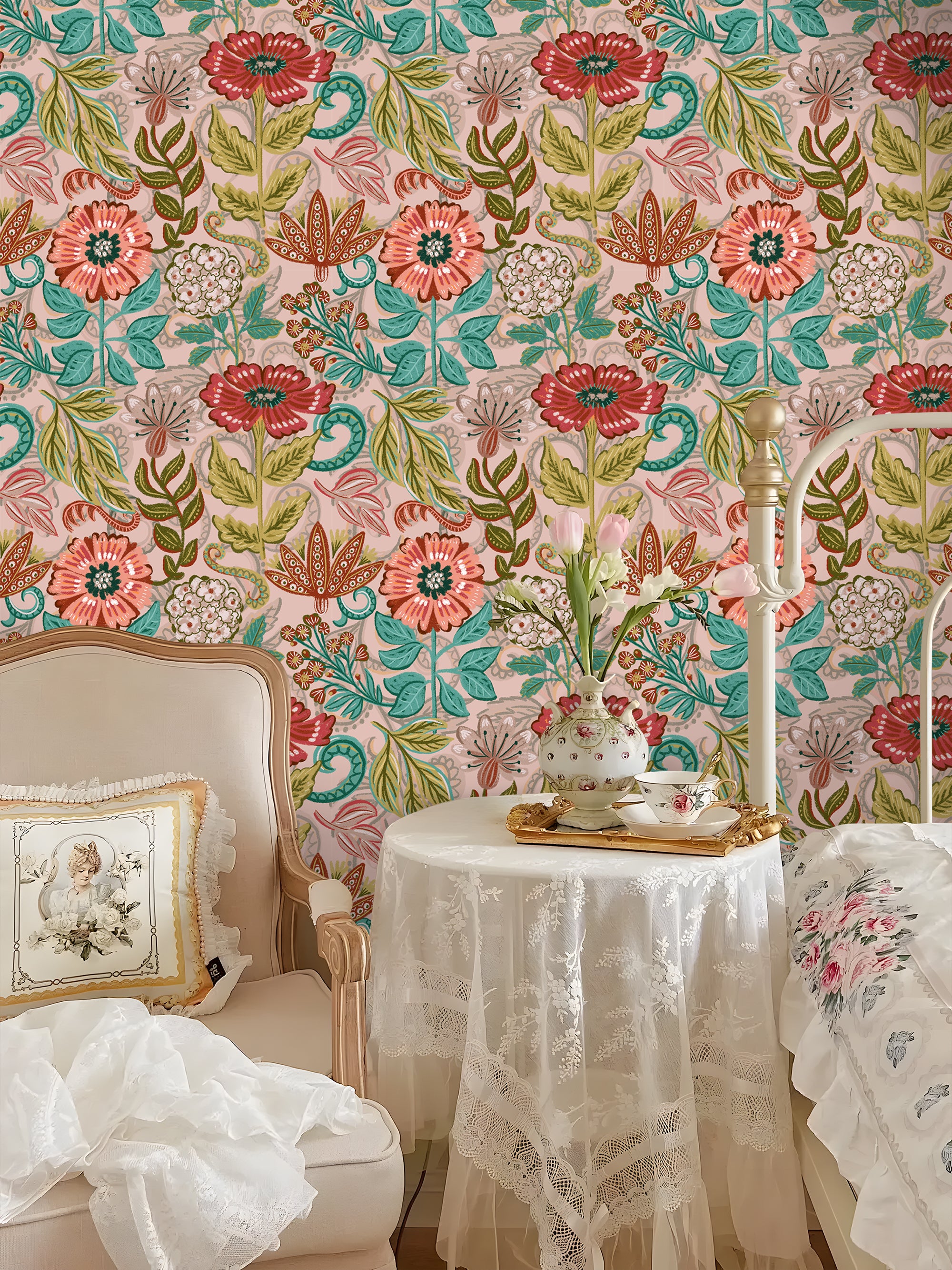 Floralplus Retro Floral Peel and Stick Wallpaper Vintage Botanical Pattern Pink Boho Flower Wall Mural Removable for Bedroom Living Room
