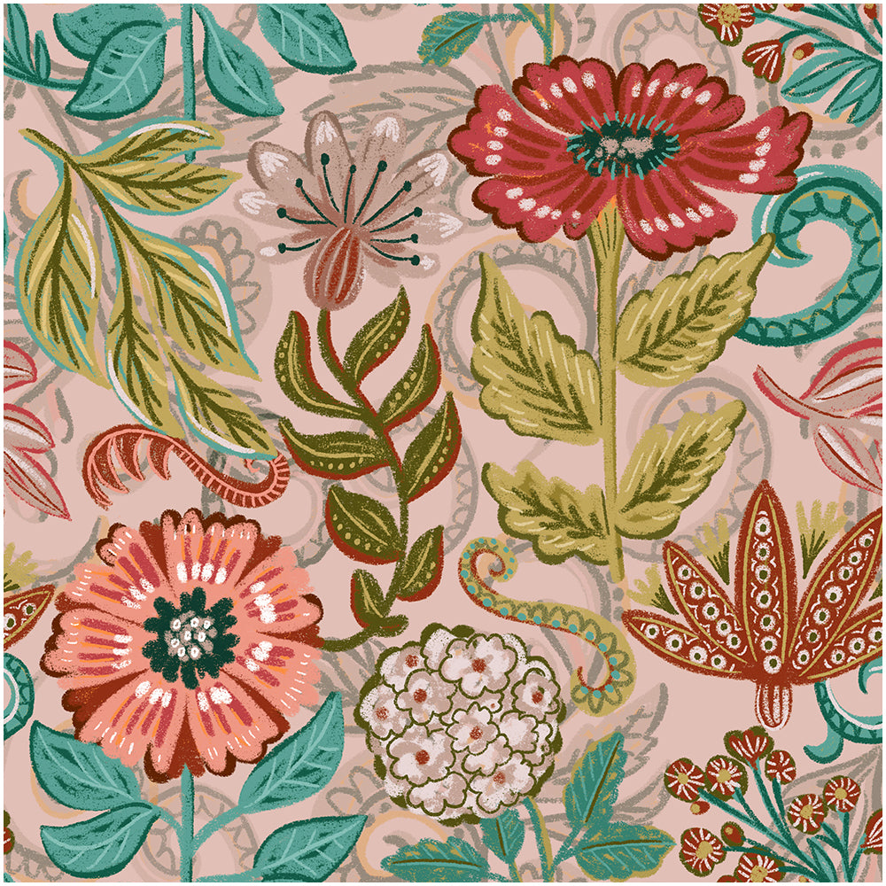 Floralplus Retro Floral Peel and Stick Wallpaper Vintage Botanical Pattern Pink Boho Flower Wall Mural Removable for Bedroom Living Room