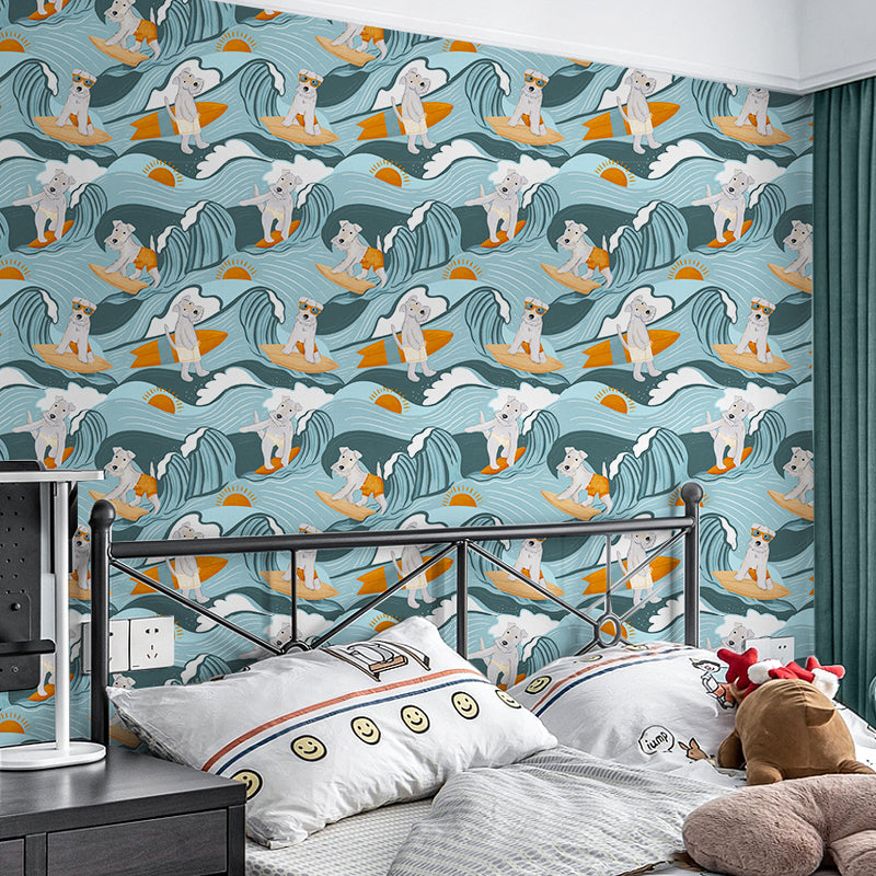 Floralplus Surf Dog Wallpaper Peel and Stick Blue Ocean Waves Puppy Surfboard Kids Room Bathroom Nursery Removable Self Adhesive Beach Wall Mural