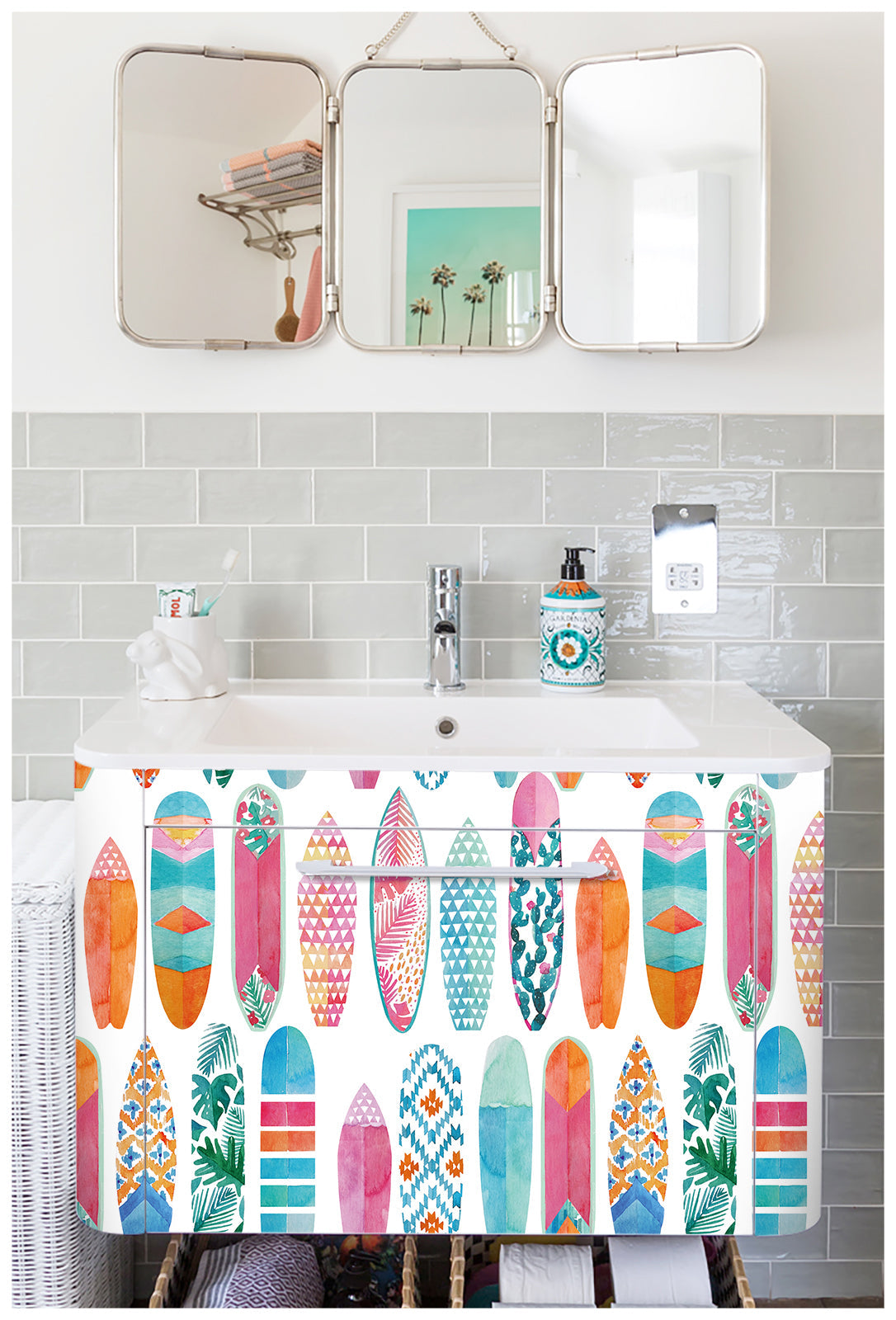 Floralplus Surfboard Wallpaper Peel and Stick Colorful Watercolor Tropical Beach Kids Room Nursery Bathroom Removable Self Adhesive Coastal Wall Mural