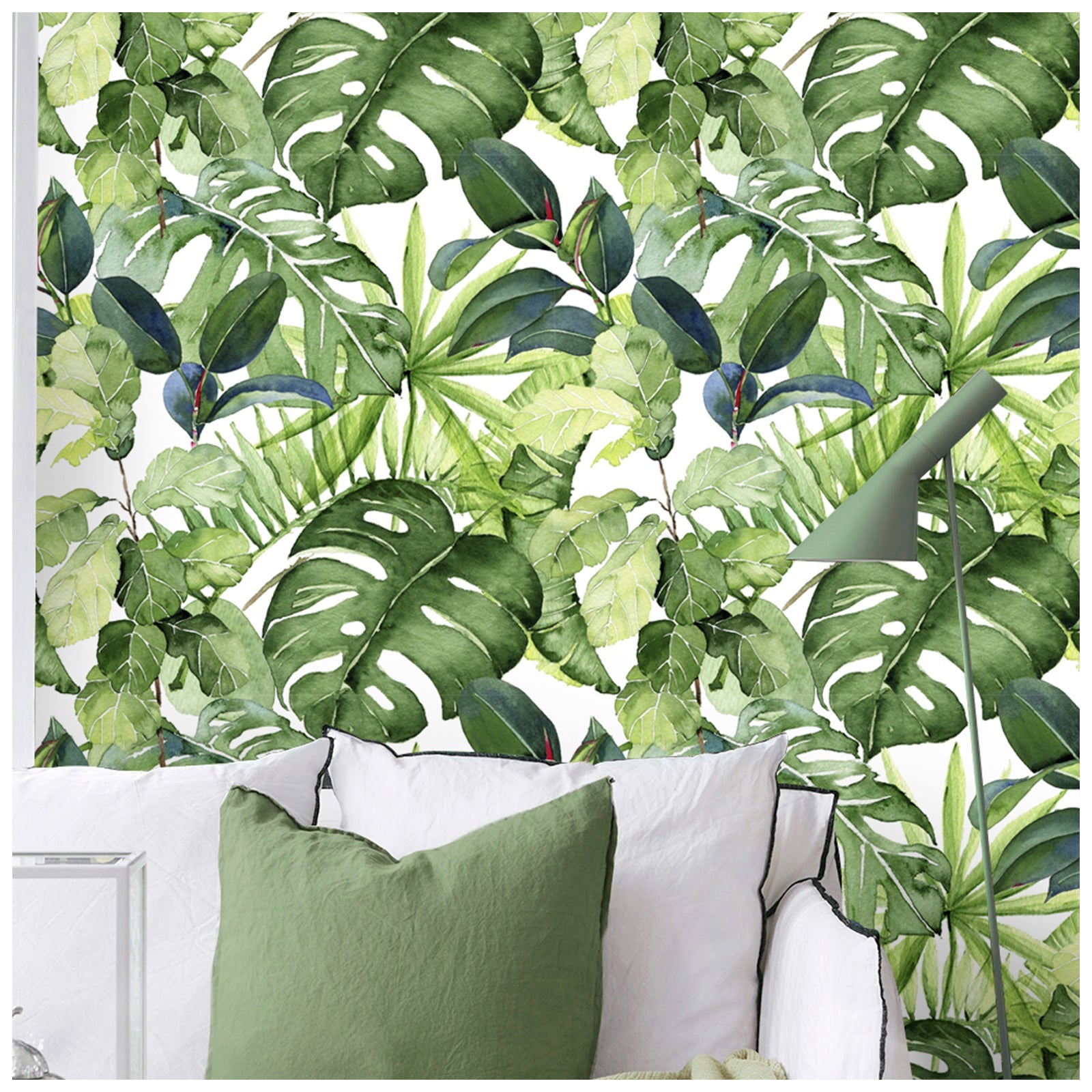 Floralplus Tropical Leaf Wallpaper Peel and Stick Green Watercolor Jungle Botanical Removable Wall Mural Self Adhesive Wall Decor for Bedroom Living Room Bathroom Nursery