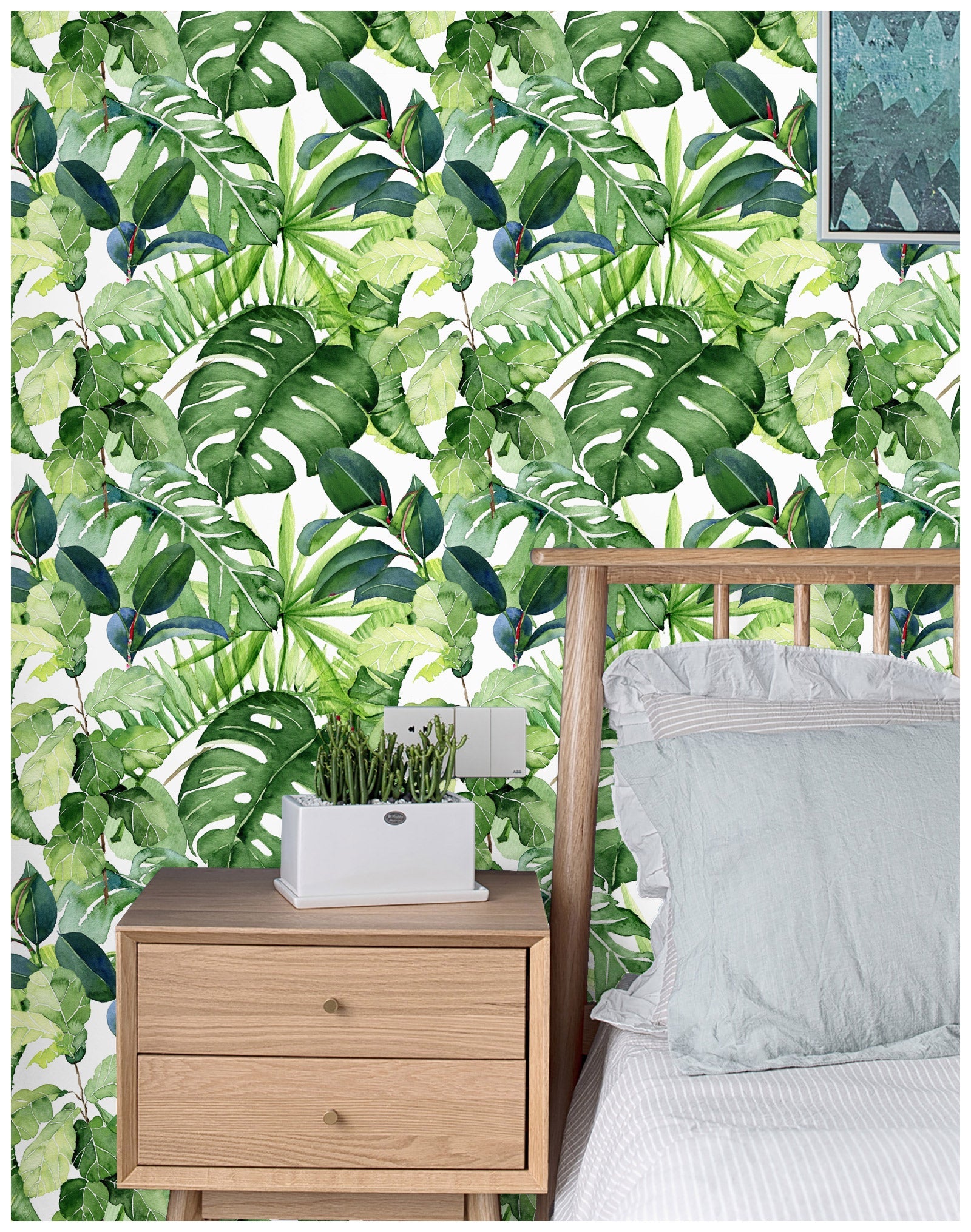Floralplus Tropical Leaf Wallpaper Peel and Stick Green Watercolor Jungle Botanical Removable Wall Mural Self Adhesive Wall Decor for Bedroom Living Room Bathroom Nursery